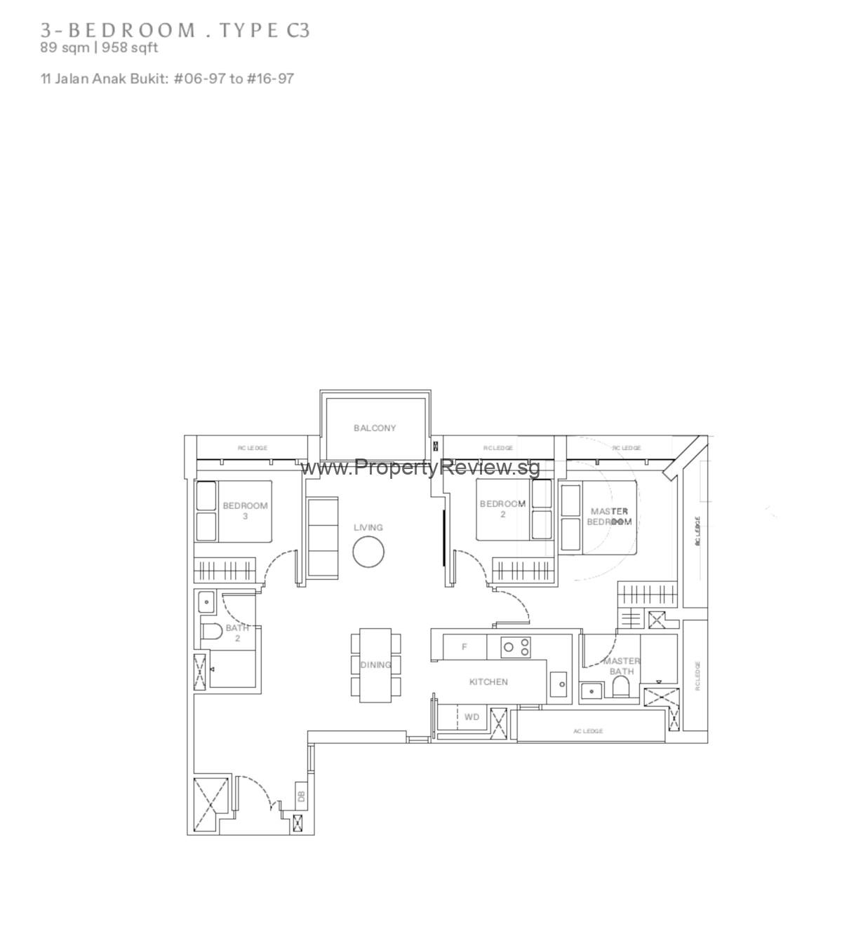 The Reserve Residences 3 Bedrooms Floor Plan