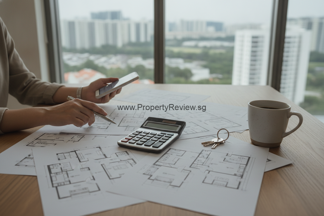 Singapore Property Market: Why Patience Pays in 2026 3 Homebuyer comparing Singapore property floor plans with a calculator and keys