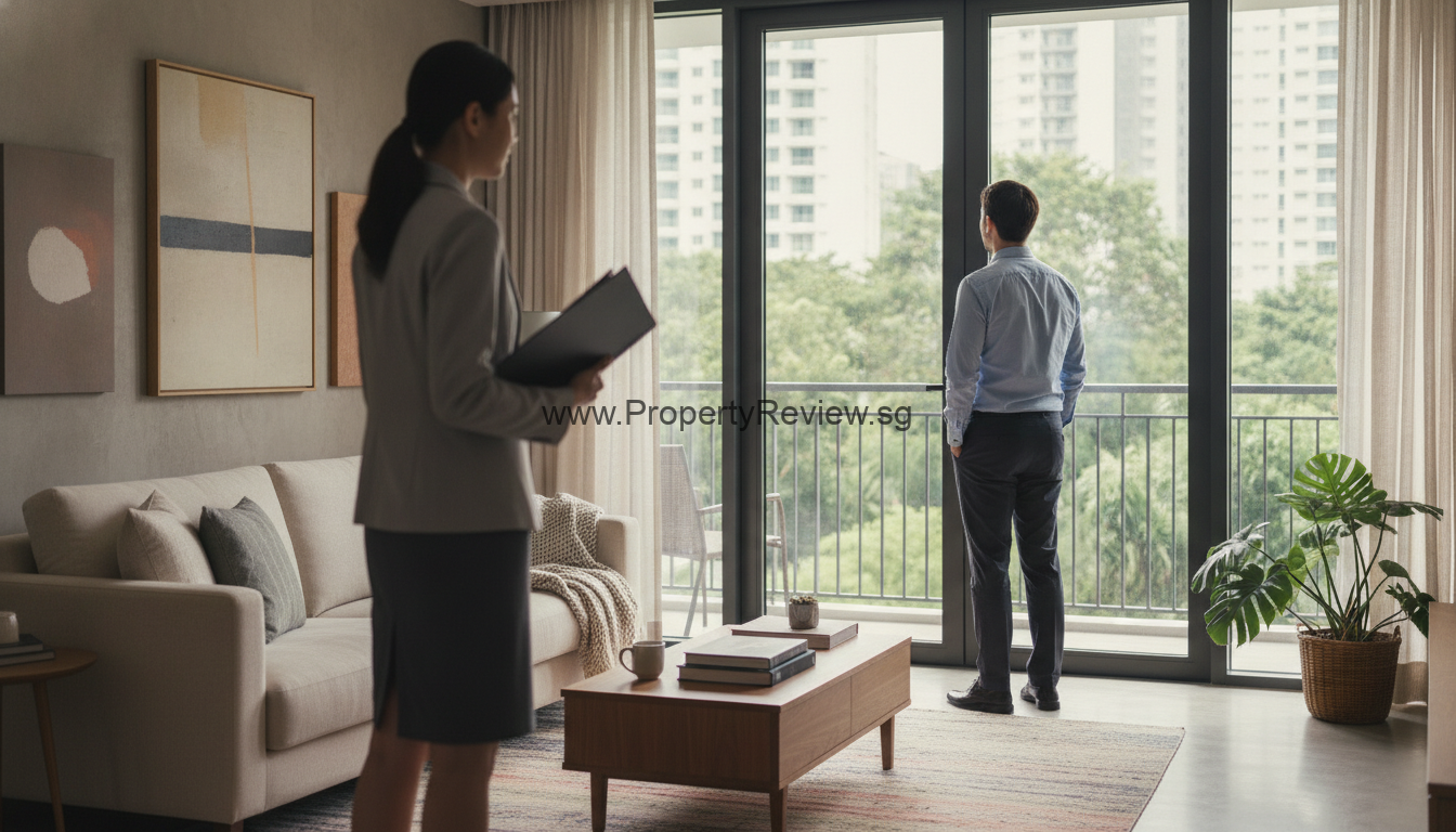 Singapore Homes in 2026: What Buyers Can Negotiate 3 Buyer viewing a Singapore condominium living room with an agent